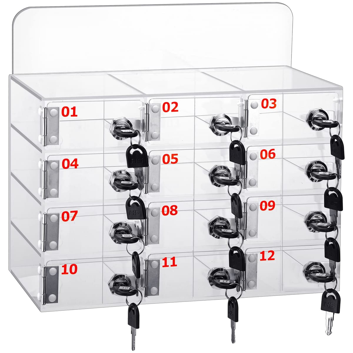 12 COMPARTMENT CLEAR ACRYLIC CELL PHONE LOCK BOX WITH KEYS 221MM(H)X313MM(L)X185MM(W)