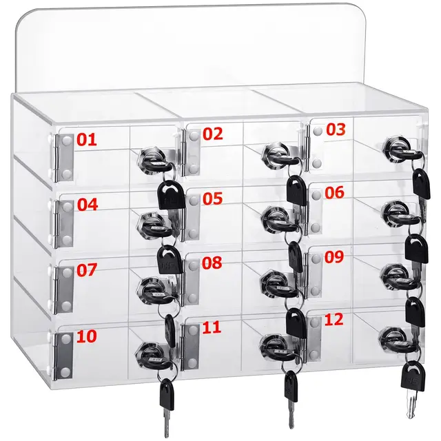 12 COMPARTMENT CLEAR ACRYLIC CELL PHONE LOCK BOX WITH KEYS 221MM(H)X313MM(L)X185MM(W)